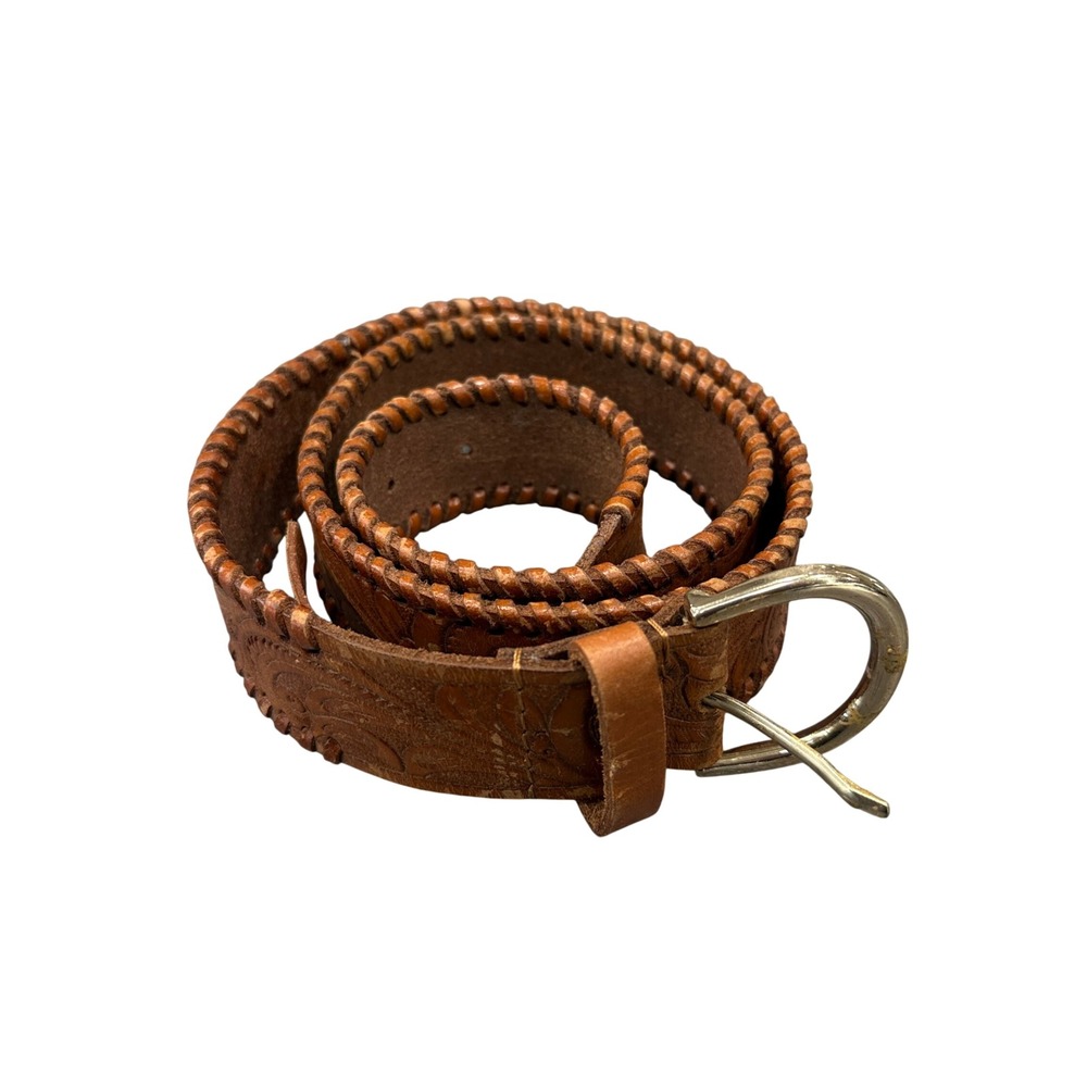 Maison Hotel Belt Unisex L Brown Leather Floral Tooled Whipstitch Western Boho